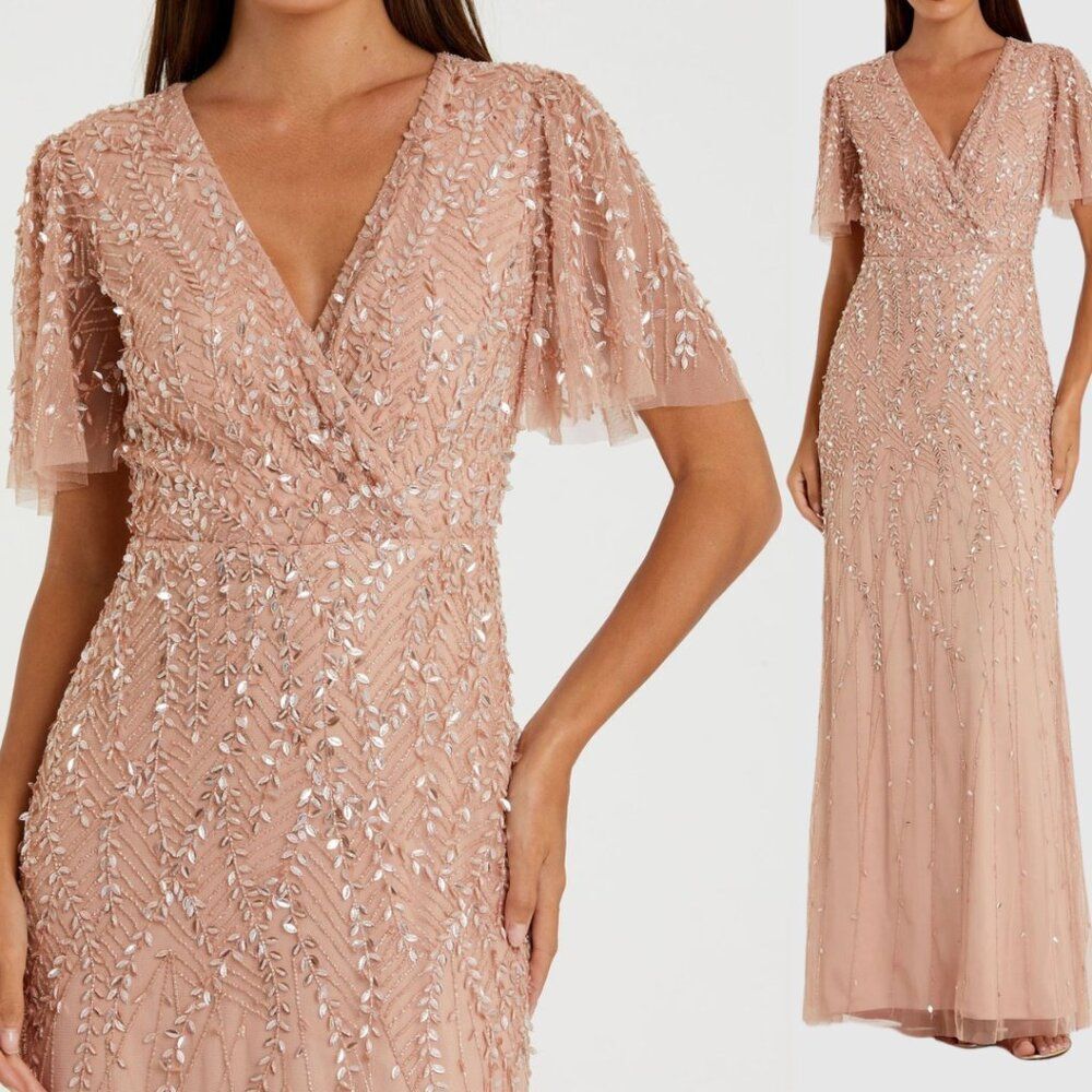 Mac Duggal‎ Size 12 Nude Pink Embellished Flutter Sleeve Long Maxi Gown Dress